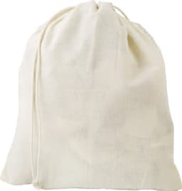 A drawstring bag made of organic cotton in a light cream colour. The bag features a simple, unbranded design.