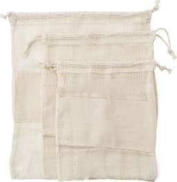 A set of three reusable cotton mesh produce bags in natural tones, featuring drawstring closures.