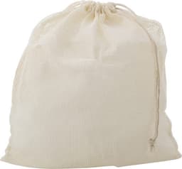 A set of three reusable cotton mesh produce bags in a cream colour with drawstring closures.
