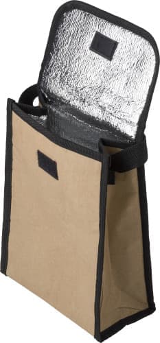 A drink bottle cooler bag in brown with black trim, featuring a silver insulated interior and a flap closure.