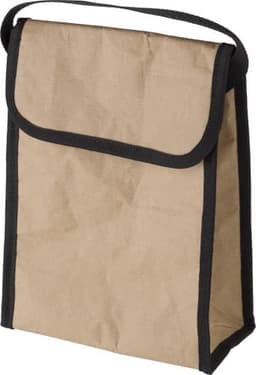 A paper cooler bag in a brown shade, featuring black trim and a handle. Includes a fold-over top.