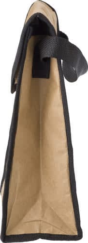 A paper cooler bag in brown with a black trim and strap, featuring an open top and a rectangular shape.
