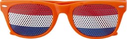Plexiglass sunglasses in orange featuring a patterned design of the Netherlands flag.