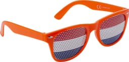 Plexiglass sunglasses with an orange frame and a design featuring the colours of a country flag.