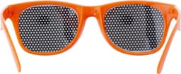 Plexiglass sunglasses in bright orange with patterned lenses. Includes a logo on the temple.