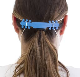 A blue ear saver worn at the back of a head, securing mask straps for comfort. Features a logo.