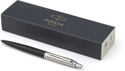 A black metal Parker Jotter XL ballpen beside a dark grey box featuring a logo.