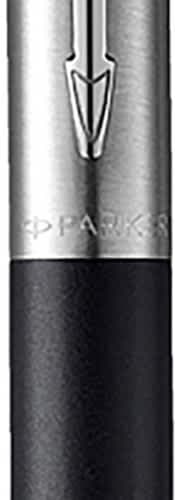 A metal ballpoint pen featuring a sleek design in silver and black, with a branding logo.