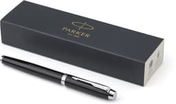 A black Parker IM ballpen placed beside its dark box, featuring a silver clip and accents.