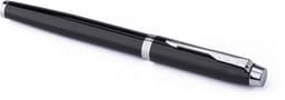 A black metal ballpoint pen with chrome accents and a sleek design. It features a clip and a logo.