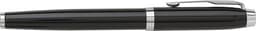 A metal ball pen in glossy black with silver accents and a clip. It features a branded logo.