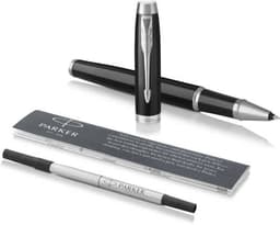 A Parker IM ballpen in black and silver, displayed with a cartridge and accompanying branding.