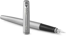 A silver Parker Jotter Core fountain pen with a black grip and a branded cap.