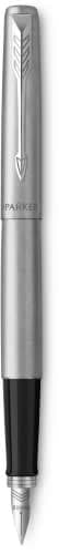 A fountain pen with a metallic silver body and black accents, featuring a brand logo.
