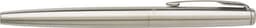 A silver metal fountain pen with a sleek design and a clip, featuring a branding logo.