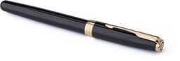 A black Parker Sonnet rollerball pen with gold accents, featuring a sleek design and a clip.