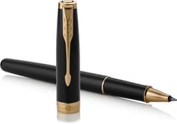 A black Parker Sonnet rollerball pen with a gold accent, featuring a branded logo on the cap.