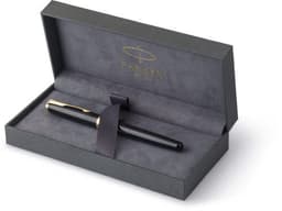 A black Parker Sonnet rollerball pen displayed in a grey presentation box with a logo.