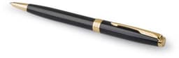 A black Parker Sonnet ballpen with gold accents, featuring a sleek design and a branded clip.