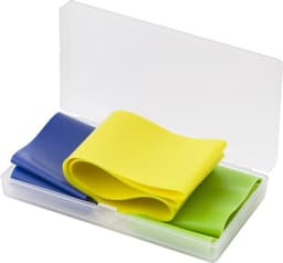 A set of three elastic sports bands in blue, yellow, and green, packaged in a clear plastic case.