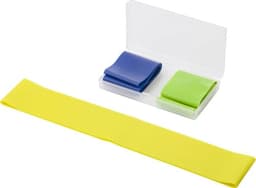 A set of three elastic sports bands in yellow, green, and blue, displayed in a clear storage case.