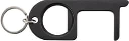 A black aluminium door opener keychain with a circular opening and a ring for attachment.