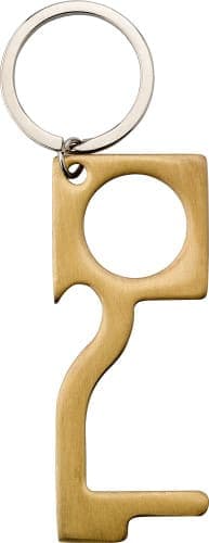 A copper-coloured door opener attached to a keyring, featuring a unique, modern design.