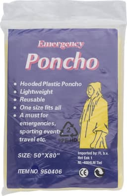 A yellow emergency poncho in packaging, featuring a hood and lightweight design. It has a logo and is reusable.