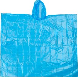 A blue PE poncho featuring a hood and a textured pattern, suitable for outdoor wear.