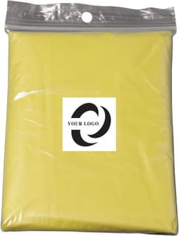 A yellow PE poncho packaged in a plastic bag with a logo displayed on the front.