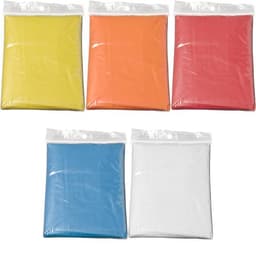 A set of PE ponchos in yellow, orange, red, blue, and white, each packaged in plastic. The packaging has a logo.