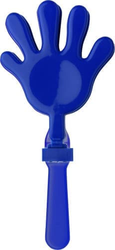A blue hand-shaped clapper with a handle, featuring a glossy finish and a logo on the handle.