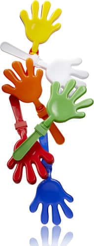 A collection of colourful plastic hand clappers in red, yellow, green, blue, and white, featuring a logo.