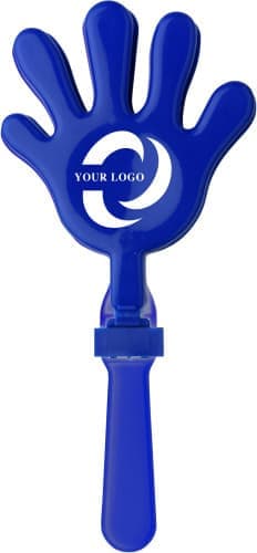 A blue hand-shaped clapper with a branding logo, designed as a novelty item for fun and games.