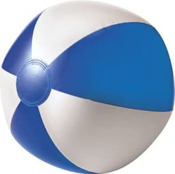 A PVC beach ball featuring alternating blue and white panels with a central blue circle, and a logo present.