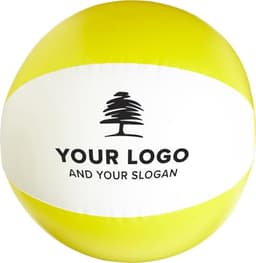 A PVC beach ball in bright yellow and white with a logo and slogan printed on it.