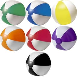 A set of PVC beach balls in various colours, including green, blue, yellow, orange, red, purple, and black. Each ball has a logo.