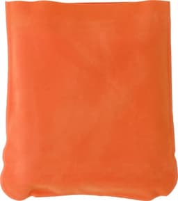 An orange velour travel cushion with a soft texture, featuring a simple design and a logo.