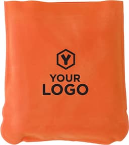 An orange velour travel cushion featuring a logo on the front. Suitable for leisure and outdoor use.