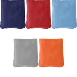 A collection of velour travel cushions in navy, red, light blue, grey, and orange, each with a smooth texture.