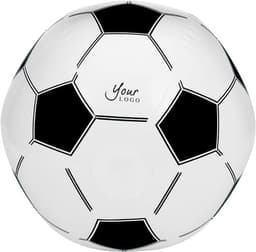 A PVC football with a classic black and white hexagonal design, featuring a logo on its surface.