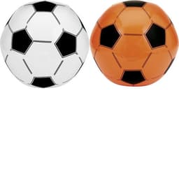 A PVC football featuring one black and white design and one bright orange design, both with black details.