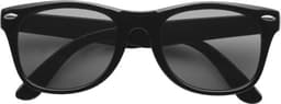 Black sunglasses with a classic design, featuring grey lenses and a logo on the side.