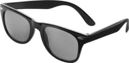 Black sunglasses with grey lenses, featuring a sleek design and a logo on the temple.
