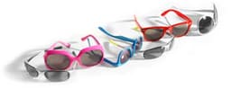 A collection of PC and PVC sunglasses in pink, red, blue, and grey, featuring dark lenses and various frame styles.