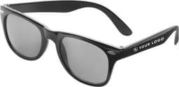 Black sunglasses with grey lenses, featuring a logo on the side. Suitable for leisure and outdoor activities.
