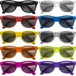 A collection of sunglasses in black, white, red, blue, yellow, orange, and purple, featuring varying lens colours and a logo.