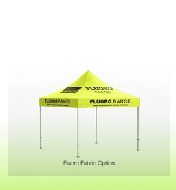 A bright fluoro yellow gazebo with a peaked roof and a logo, supported by metal legs.