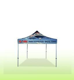 A blue heavy-duty gazebo with a printed top and a visible logo, featuring a four-post structure.
