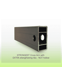 A rectangular, heavy-duty metal cross arm with extra strengthening ribs, featuring a hollow centre and round holes on each side.